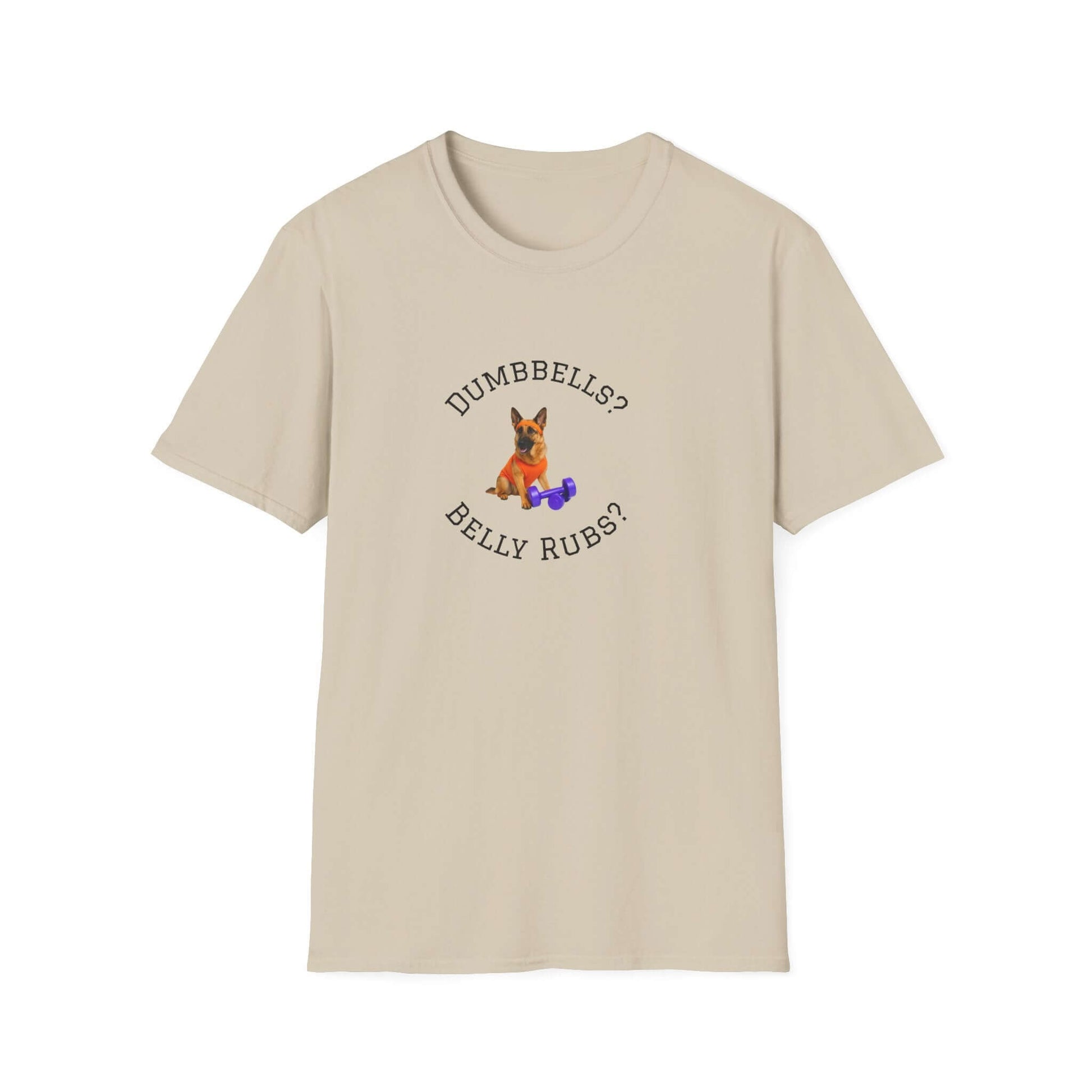 German Shepard Dog Lover Workout Tee –“Belly Rubs or Dumbbells?” showcasing a cute pup and weights design.