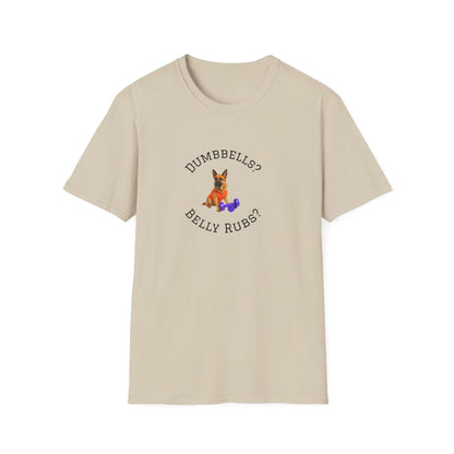 German Shepard Dog Lover Workout Tee –“Belly Rubs or Dumbbells?” showcasing a cute pup and weights design.