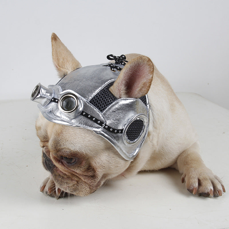 Dog wearing a silver steampunk helmet on a white background
