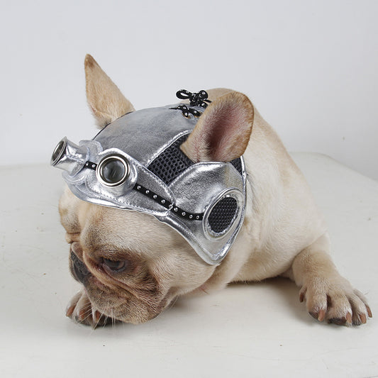 Dog wearing a silver steampunk helmet on a white background