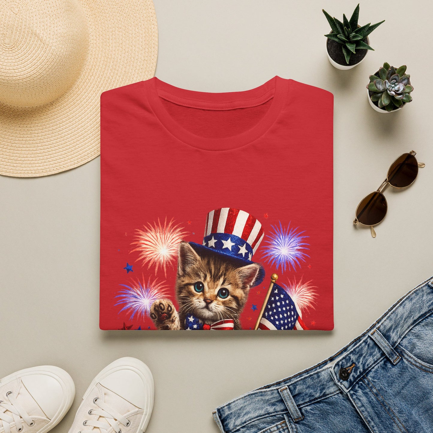 Red t-shirt with a kitten wearing an American flag hat and fireworks design, surrounded by a hat, sunglasses, and jeans on a light background.