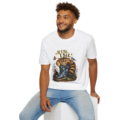 If I Fit... I Sit | Rain Boot Cat Shirt | Funny Gardening Kitty Tee | Cute Cat Lover Gif