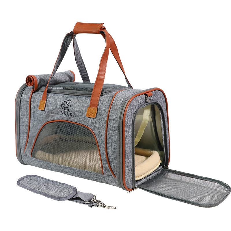 Gray pet carrier with brown accents on a white background