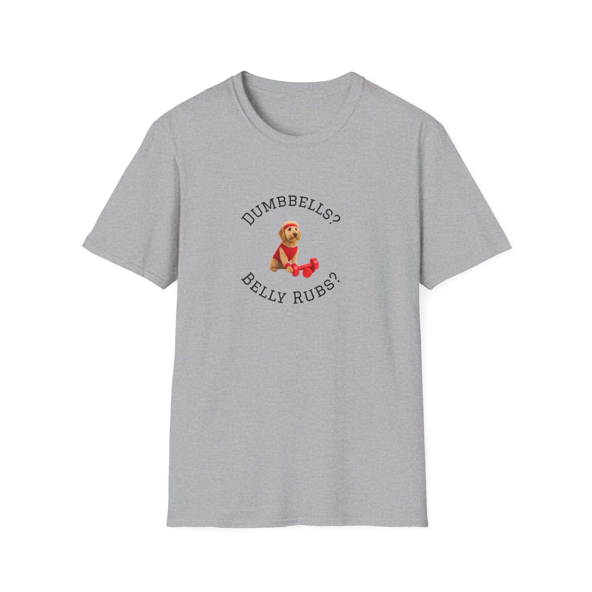 Goldendoodle Dog Lover Workout Tee – “Belly Rubs or Dumbbells?” featuring a cute dog design.