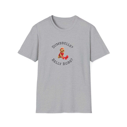 Goldendoodle Dog Lover Workout Tee – “Belly Rubs or Dumbbells?” featuring a cute dog design.