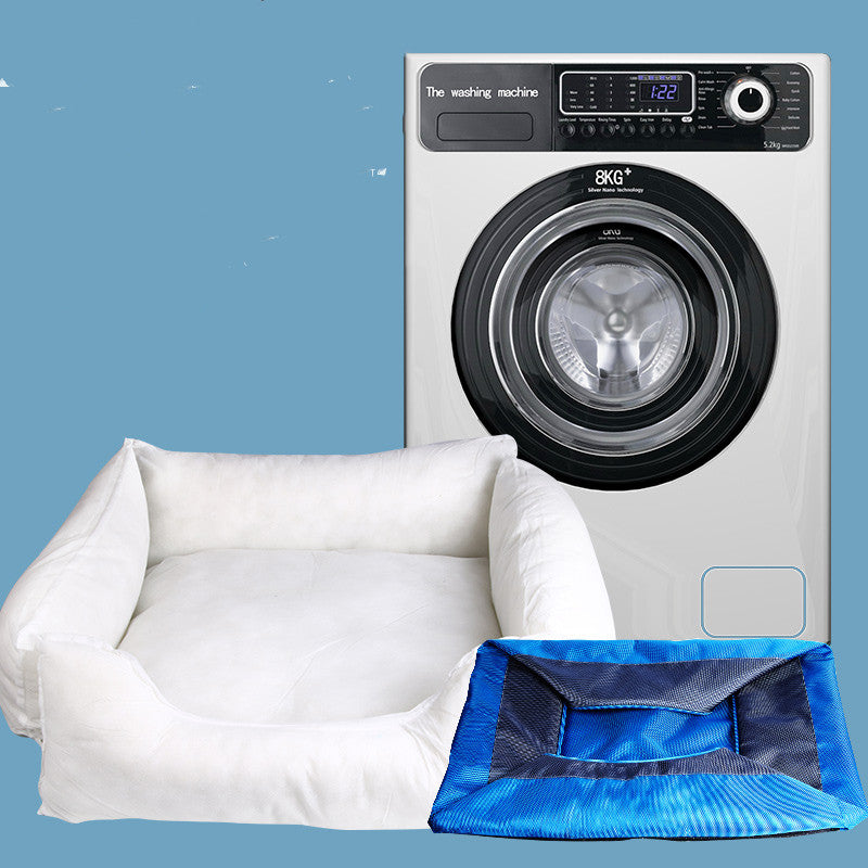 Washing machine with a blue bag and white pillows on a blue background