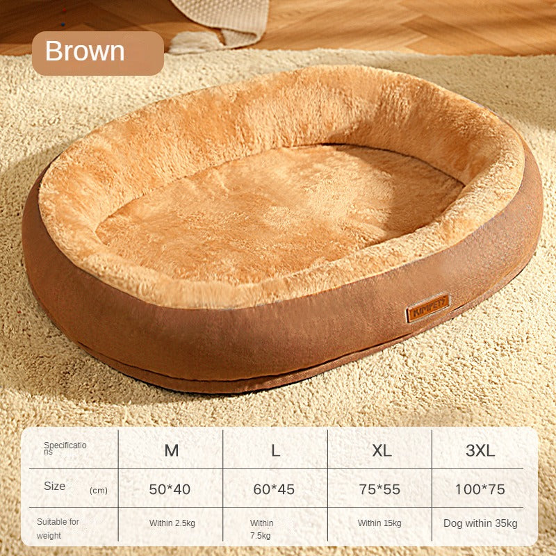 Brown pet bed on a carpet with size chart below