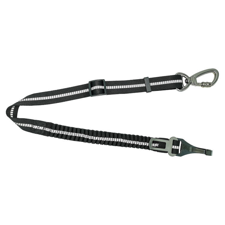 Black dog leash with reflective strip on a white background