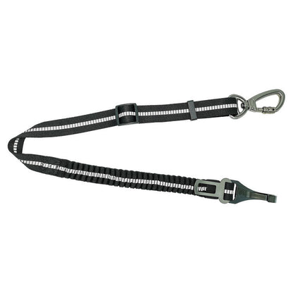 Black dog leash with reflective strip on a white background