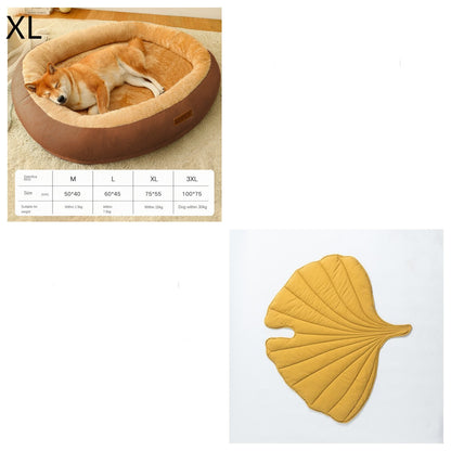 Dog lying in a brown pet bed with size chart, followed by a yellow leaf-shaped mat on a white background.