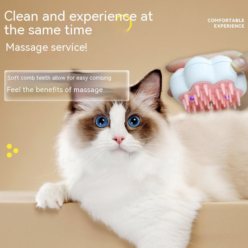 Cat being groomed with a massage brush on a beige background