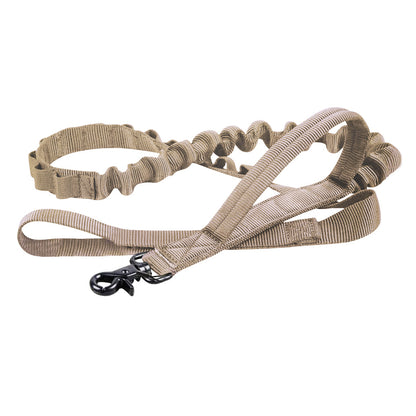 Tan dog leash with a black clip on a white background