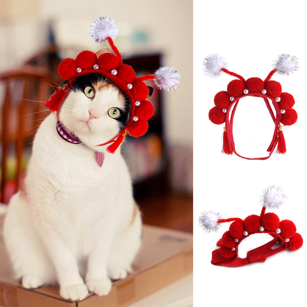Cat wearing a red decorative headband with white pom-poms, followed by images of the headband on a white background.