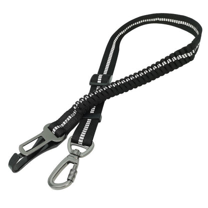 Black and silver dog leash with carabiner on a white background