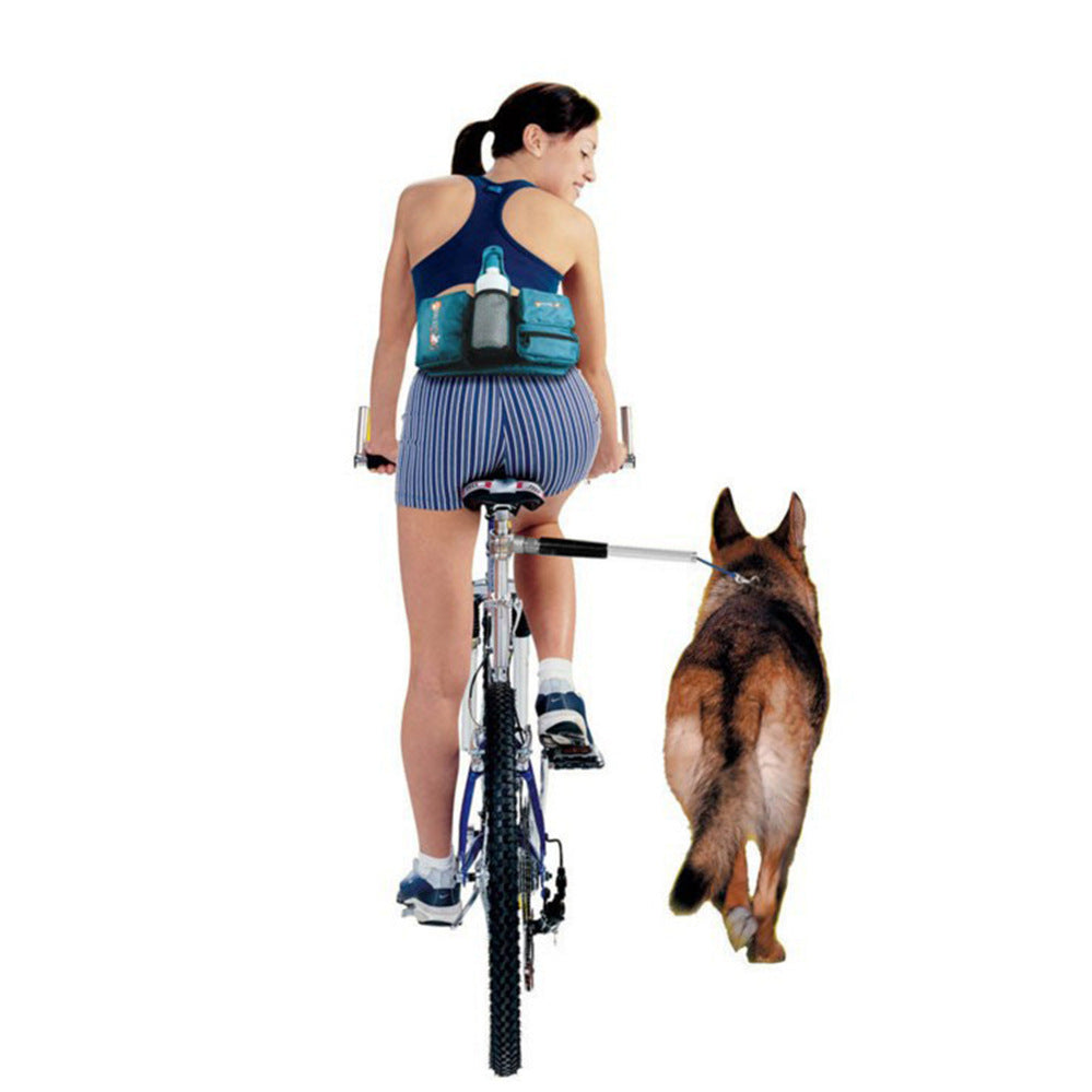 Woman riding a bicycle with a dog on a leash attached to the bike, on a white background