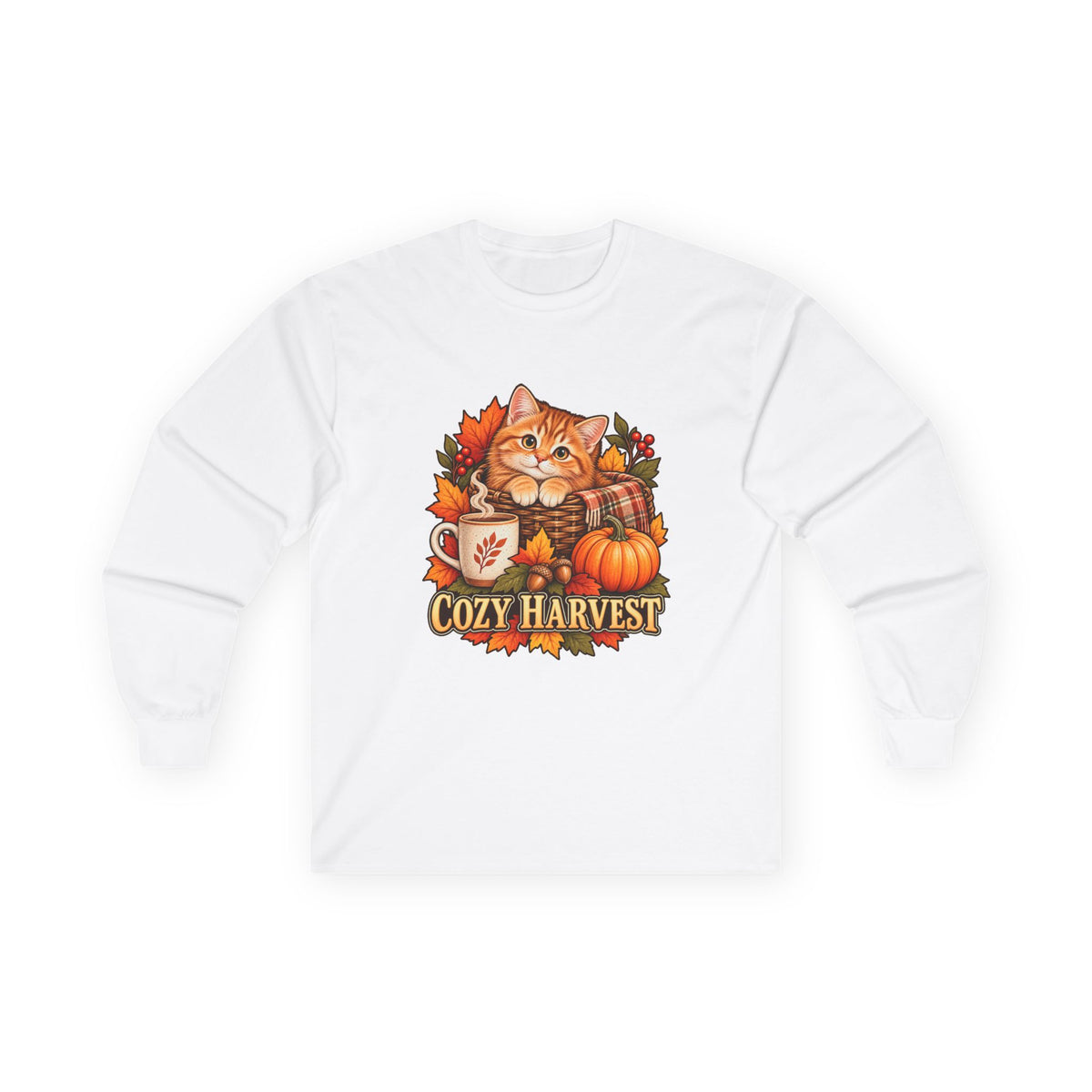 White long-sleeve T-shirt featuring an orange kitten in a basket with a pumpkin, warm drink and Cozy Harvest lettering