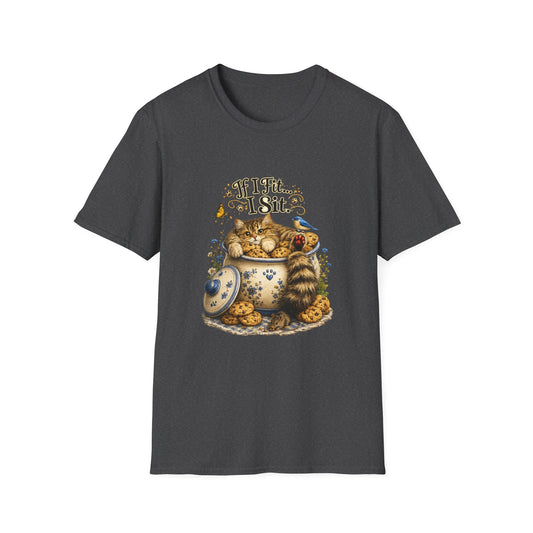A dark gray crewneck t-shirt featuring a detailed graphic print of a cat lounging inside a cookie jar filled with cookies, with the text 'If I Fit... I Sit' above it.