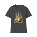 A dark gray crewneck t-shirt featuring a detailed graphic print of a cat lounging inside a cookie jar filled with cookies, with the text 'If I Fit... I Sit' above it.