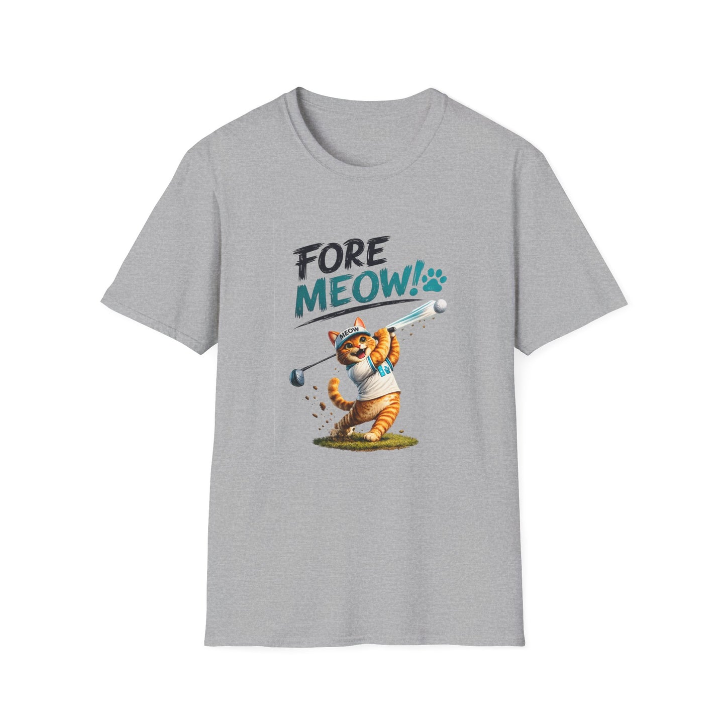 A heather gray short-sleeve crewneck t-shirt featuring a graphic of an orange tabby cat playing golf with the text 'FORE MEOW!' printed on the chest.