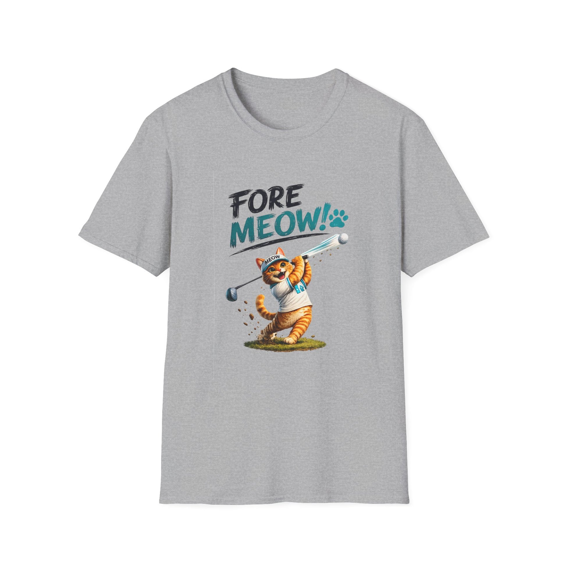 A heather gray short-sleeve crewneck t-shirt featuring a graphic of an orange tabby cat playing golf with the text 'FORE MEOW!' printed on the chest.