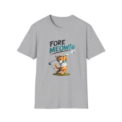 A heather gray short-sleeve crewneck t-shirt featuring a graphic of an orange tabby cat playing golf with the text 'FORE MEOW!' printed on the chest.