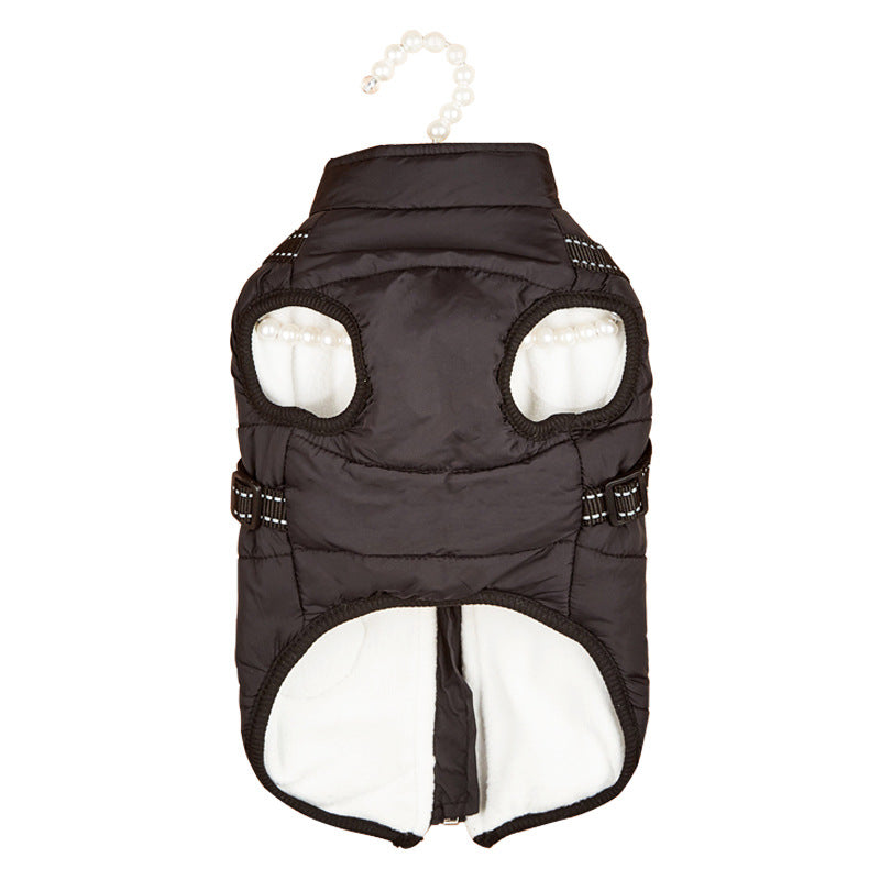 Black dog coat with white lining on a hanger against a white background