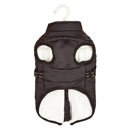 Black dog coat with white lining on a hanger against a white background