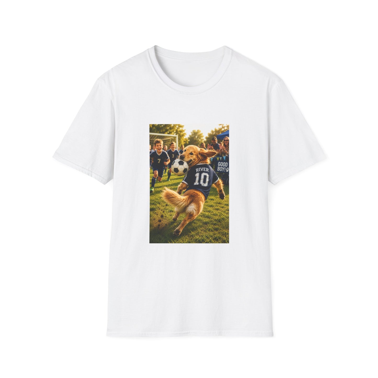 A white short-sleeve crewneck t-shirt featuring a rectangular graphic print on the front. The graphic depicts a golden retriever dog running on a soccer field wearing a navy jersey with the number 10.