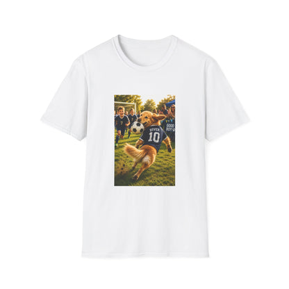 A white short-sleeve crewneck t-shirt featuring a rectangular graphic print on the front. The graphic depicts a golden retriever dog running on a soccer field wearing a navy jersey with the number 10.