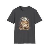 A dark gray crewneck t-shirt featuring a vintage-style graphic of a fluffy brown tabby cat sitting inside a floral teacup with the text 'If I Fit... I Sit' written above it.