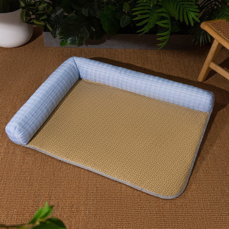 Pet bed with blue cushion on a brown floor