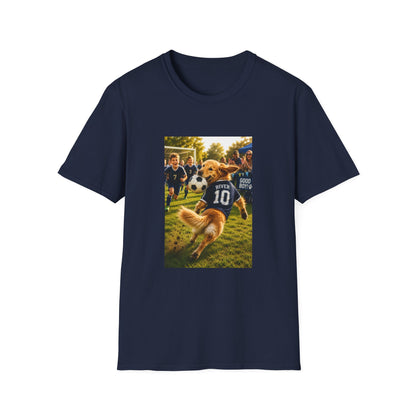A black short-sleeve crewneck t-shirt featuring a rectangular graphic print on the front. The graphic depicts a golden retriever dog running in a soccer game, wearing a blue jersey with the number 10.