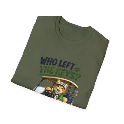 A military green short-sleeve crewneck t-shirt featuring a cartoon graphic of a cat driving a green golf cart with the text 'WHO LEFT THE KEYS?' printed on the chest.