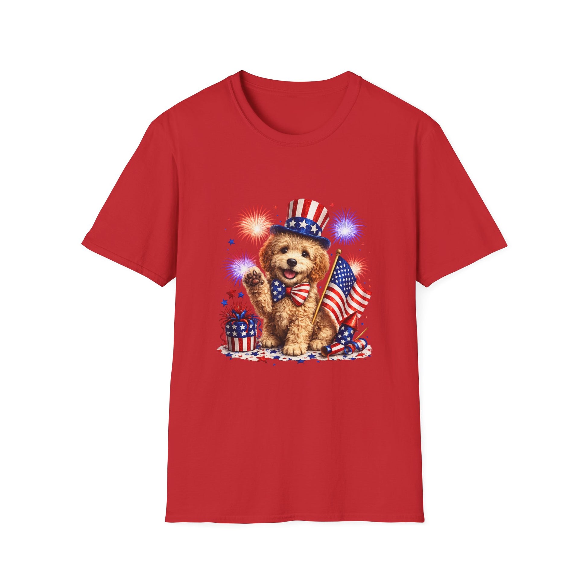 Red t-shirt with a bear holding an American flag and fireworks on a white background