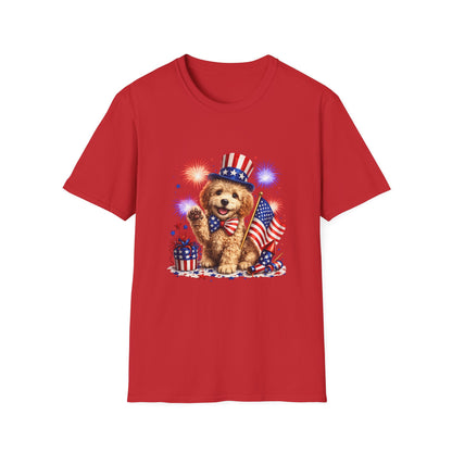 Red t-shirt with a bear holding an American flag and fireworks on a white background