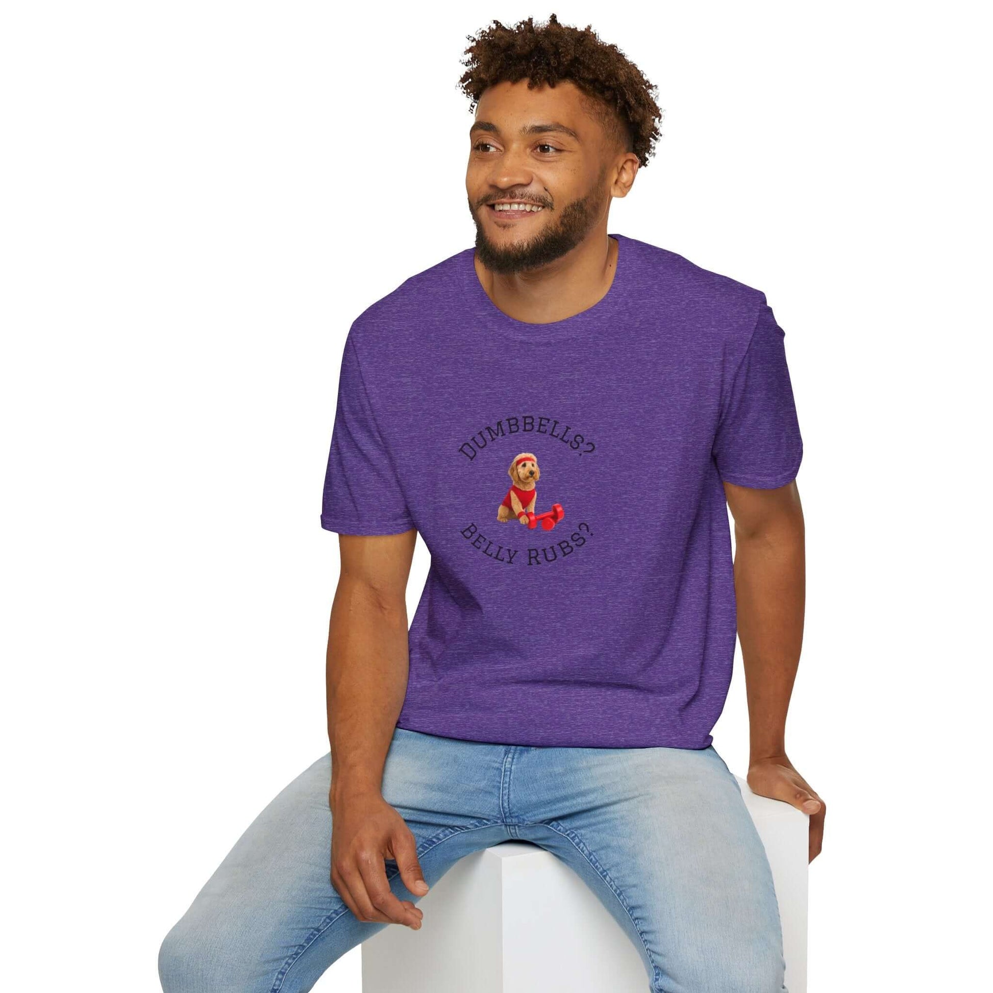 Goldendoodle Dog Lover Workout Tee – “Belly Rubs or Dumbbells?” featuring a man in a purple tee with a cute dog design.