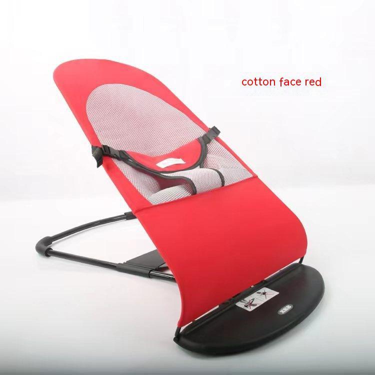 Red baby bouncer with black base on a white background