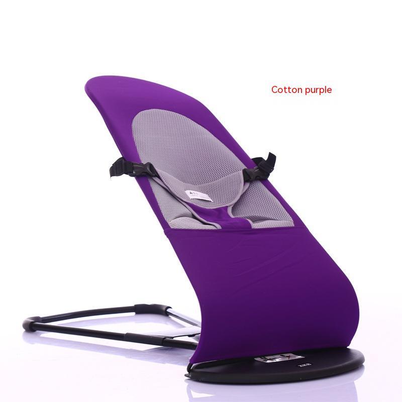 Purple baby bouncer with gray mesh seat on a white background