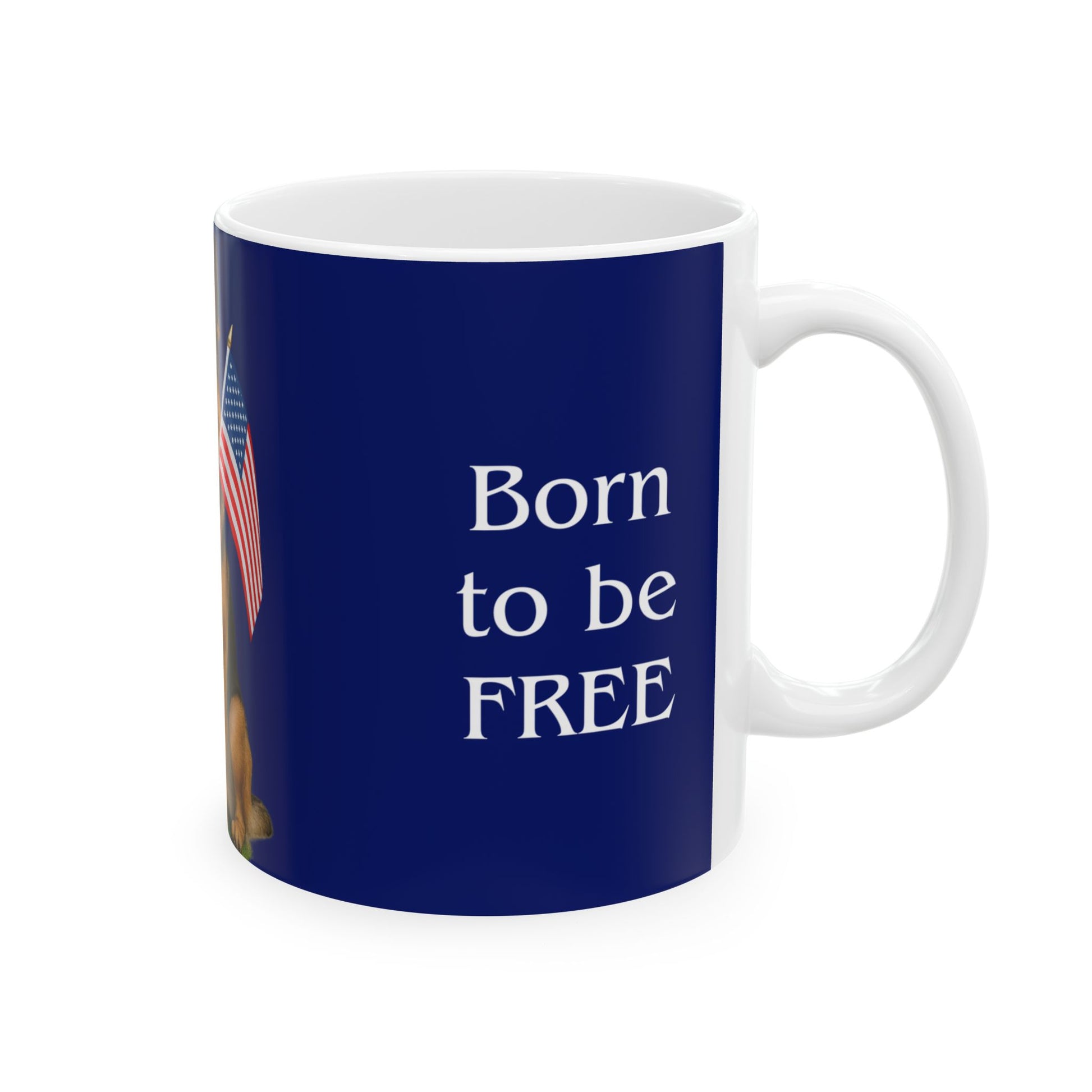 Mug with 'Born to be FREE' text and American flag on a blue background