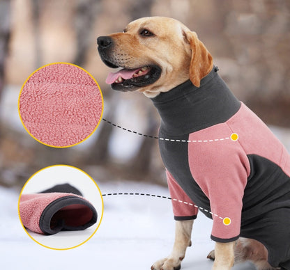 Dog wearing a pink and black fleece outfit with close-up details on a blurred natural background.