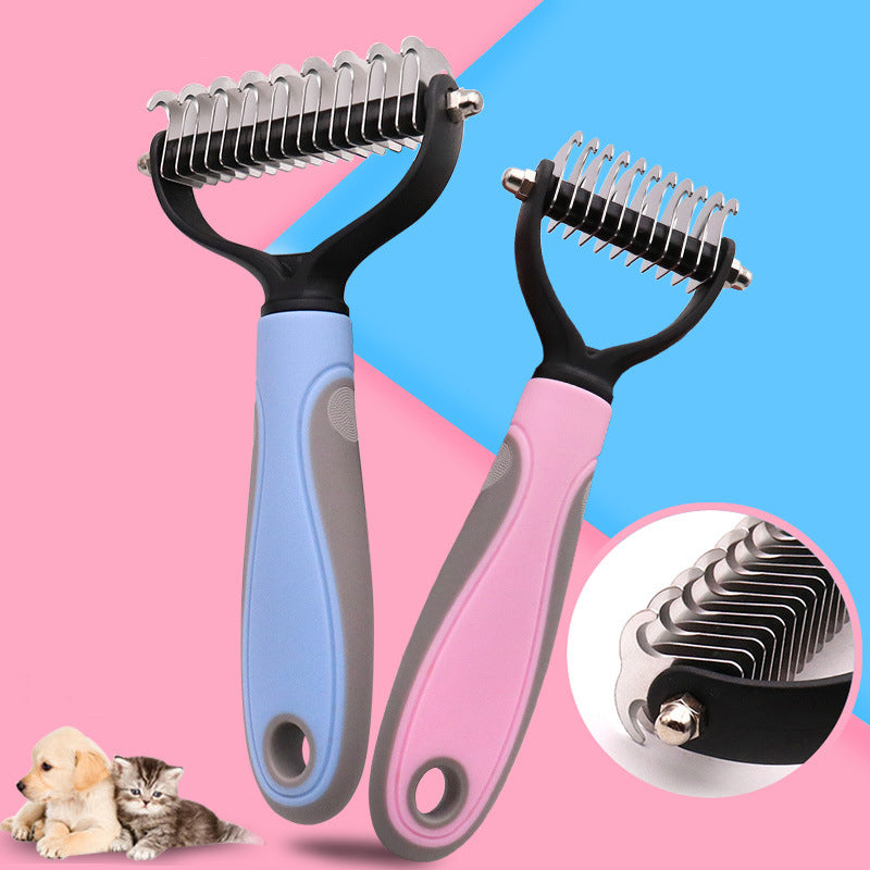 Two pet grooming tools with blue and pink handles on a pink and blue background.