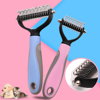 Two pet grooming tools with blue and pink handles on a pink and blue background.