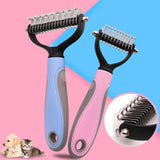 Two pet grooming tools with blue and pink handles on a pink and blue background.