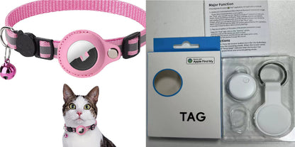 Pink Reflective Waterproof AirTag Collar and key chain for Cats & Dogs and cat wearing the collar