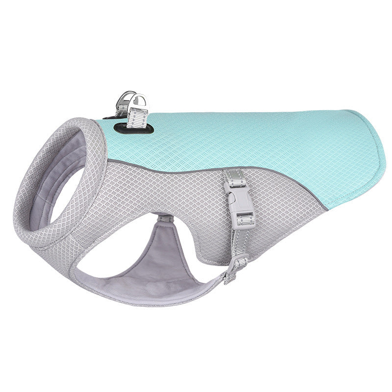 Pet harness with light blue top and gray sides on a white background