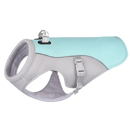 Pet harness with light blue top and gray sides on a white background