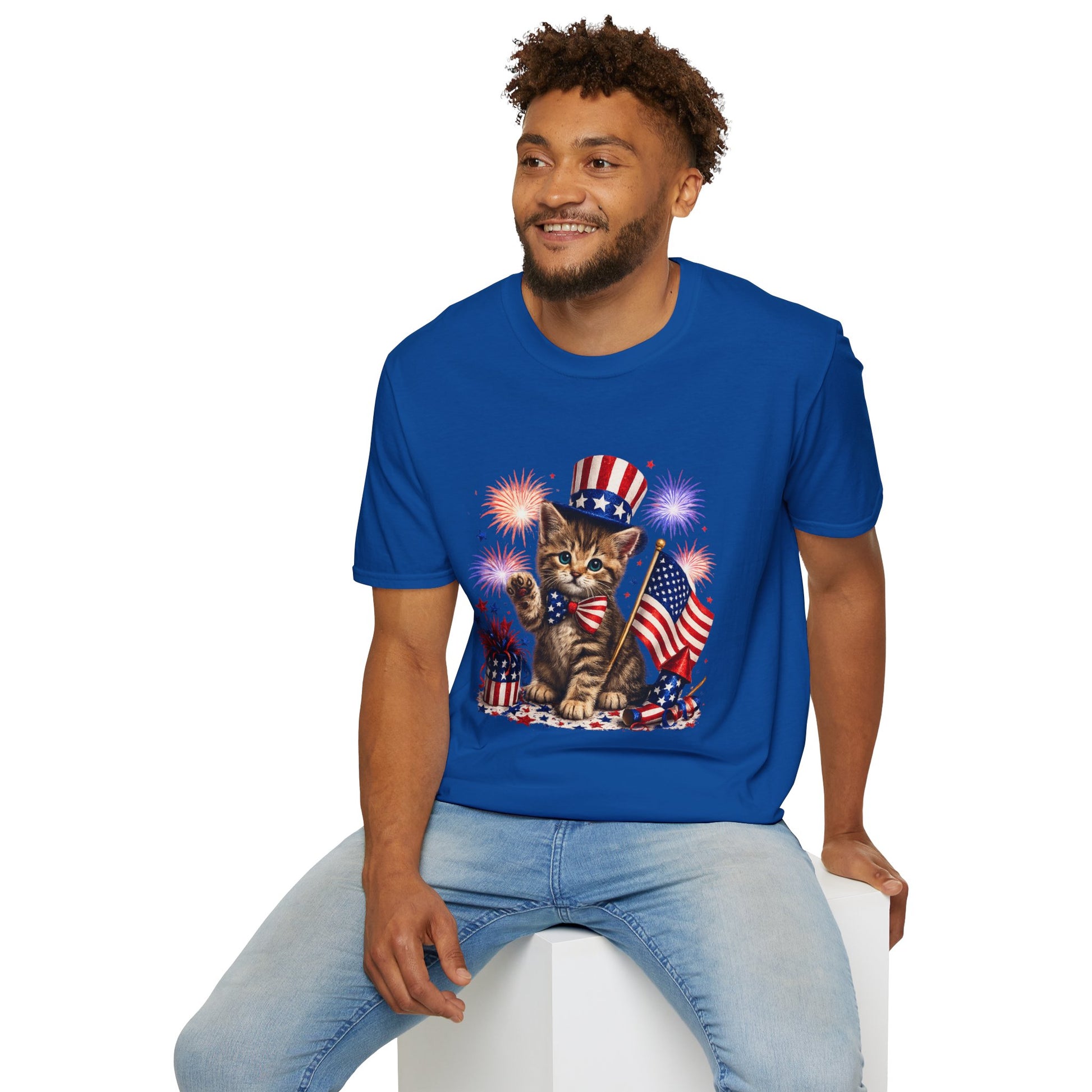 Man wearing a blue t-shirt with a kitten holding an American flag design on a white background
