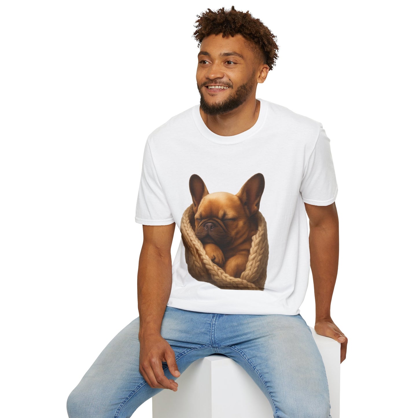 Man wearing a white t-shirt with a dog graphic on a white background