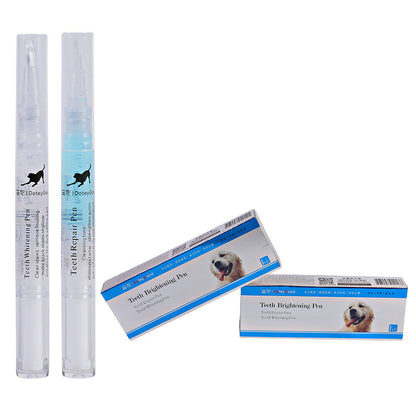 Dog tooth care products including a pen and boxes on a white background