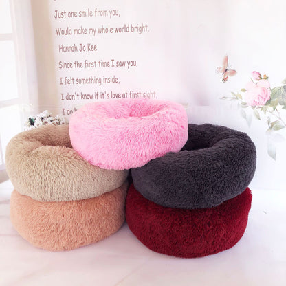 Four plush donut cushions in different colors with a quote in the background.